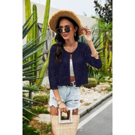 Ietaoo Bolero Women's Lace Bolero Jacket Shrug Summer 3/4 Sleeve Shoulder Jacket Cardigan Short Cardigan - navy blue, size: l