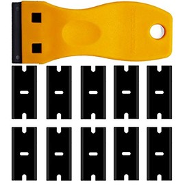 Double Edged Plastic Razor Blade Scrapers Knife with Contoured Grip for Scraping Labels and Decals Sticker From Glass, Windshields and Auto Window Tint Vinyl Tool Application(Yellow Scraper+10 Blades)