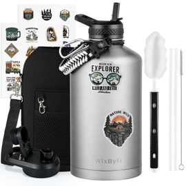 WixByti One Gallon Water Bottle Insulated, Triple Wall Vacuum Cold for 48 Hrs & Leak-proof & Non-BPA, 128oz Large Sports Stainless Steel Water Jug with Paracord Handle Straw Spout Lids & DIY Stickers