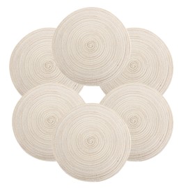 Round Braided Place Mat Set of 6 Cotton Placemats Washable Heat Resistant 37 x 37 cm (Beige)