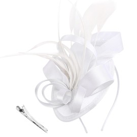 DRESHOW Fascinator Hats for Women Pillbox Hat with Veil Headband and a Forked Clip Tea Party Headpiece, 1 x ribbons fascinator hat: white