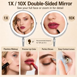 9” Height Adjustable Lighted Makeup Mirror with 10X Magnification - Rechargeable 360° Double Sided Vanity Mirror with 3 Color Modes, Touch Dimmable Brightness for Bathroom & Bedroom - Gift for Women