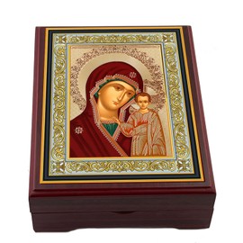 Needzo Rosary Box Madonna Icon Box Our Lady of Kazan Box for Prayer Beads Jewelry, Wooden Keepsake Holder 5 Inch, Religious Gift