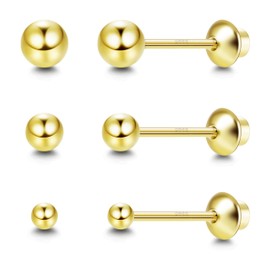 Sllaiss 3 Pairs Sterling Silver Ball Stud Earrings Screw On Tragus Cartilage Earrings Stud 14K Gold Plated Tiny Screwback Earrings For Women 2mm 3mm 4mm (14K Gold)