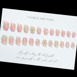 Pink French Tips Press on Nails Short Square Fake Nails with Flower Design Nude Summer False Nails Reusable Full Cover Acrylic Nails Cute Floral Glue on Nail for Women Girl Nail Art Decoration 24Pcs