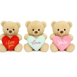 Valentine's Day Best Plush Toy Gift Stitch Ears with Hearts and Plastically Shaped Flower, Teddy Bear 3 Pieces with Heart in I Love You Cuddly Toy 32 cm 30 cm 16 cm (Teddy Bear Brown 3 x Pieces 30 cm)