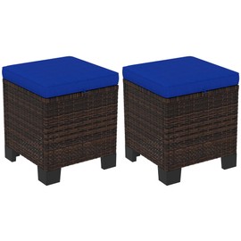 Outsunny 2 Pieces Outdoor Patio Ottomans, All Weather Wicker Outdoor Footstools with Removable Cushions, 3-in-1 PE Rattan Ottoman Seat, Footrest and Side Table for Backyard, Poolside, Dark Blue