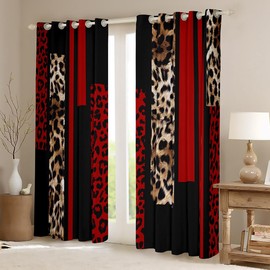 Leopard Print Window Curtains,Abstract Wlid Cheetah Skin Rustic Window Drapes for Girls Women,Geometric Stripes Patchwork Fashion Red Brown Window Treatments Grommet Top 2 Panel Set,52Wx84L inch