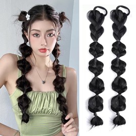 HAPVITAL Wig Ponytail Gradient Extensions Natural Ponytail Wig Extensions Cute Twist Bubble Blade Hair Extension Double Po(Black)