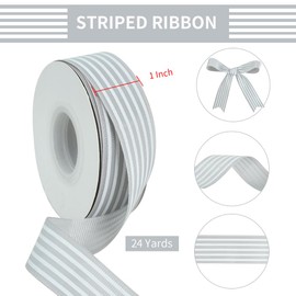 TONIFUL Gray White Striped Ribbon 1 Inch Wide Fabric Grosgrain Ribbons 25 Yards Roll for Gift Wrapping Valentine's Day DIY Hair Accessories Crafts Party Holiday Wedding Christmas Birthday Decoration