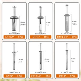 Hammer Drive Nail-in Anchors, 6 Sizes Assortment – Cement Wall Anchors for Concrete Brick Block – Zinc Plated Masonry Fasteners for Electrical Boxes, Brackets, Frames，35 PCS