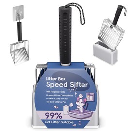 Aoktech Stainless Steel Cat Litter Scoop with Holder Metal Scooper, Stainless Steel Poop Sifting Tool, Durable Non-Stick Heavy Duty Sifter, Easy Clean with Hook（Black） Suitable for All Litter Boxes