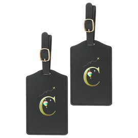 PATIKIL Initial Luggage Tags, 2 Pack Monogrammed PU Leather Baggage Tags Embroidered Letter Suitcase Label Tags Luggage Identifier for Luggage Baggage, Black (C)