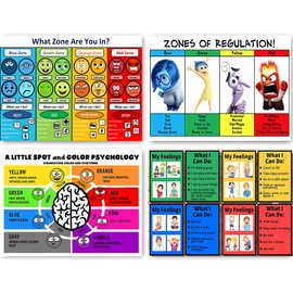CULION Zones of Regulation Poster, Feelings Posters, Feelings Chart For Kids, Emotions Poster, Autism Sensory Products, Set of 4 (08×12inch)