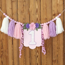 HODIHIWI Handmade Wildflower 1st Birthday High Chair Banner Purple Pink Floral Theme Party Decoration For Girls Wall Hangings Decorative