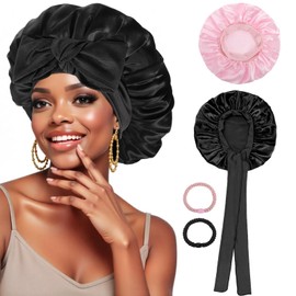 PAEFIU Pack of 2 Silk Bonnet for Sleeping, Soft Satin Sleep Cap Silk with 2 Hair Elastics, Breathable Satin Hair Cap, Sleep Cap for Long Short Curly Hair (Black, Pink)