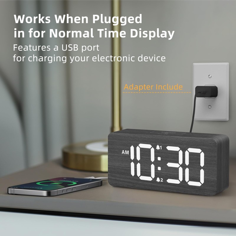 Wooden Digital Alarm Clocks for Bedrooms: Dimmable Dual Alarm Clock