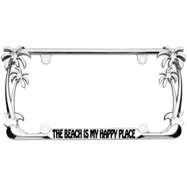 The Beach is My Happy Place Palm Tree Design Chrome Metal Auto License Plate Frame Car Tag Holder (Chrome/Black)