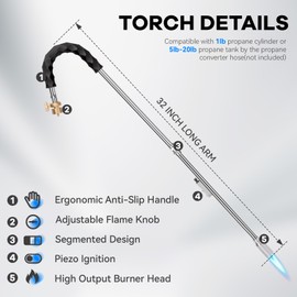 Weed Torch, Propane Burner, 24,000 BTU Weed Burner Torch for Propane Tank with Igniter, 32" Long Arm Blow Torch for Weeds, Portable Flame Thrower for Weeds, Fire Starter, Ice Melt