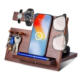 Birthday Gifts for Men Christmas Wood Phone Docking Station Bedside Table Organiser for Him Gifts for Dad Mens Gifts for Christmas Husband Dad Gifts Xmas Presents for Men Bedside Gadget Organiser