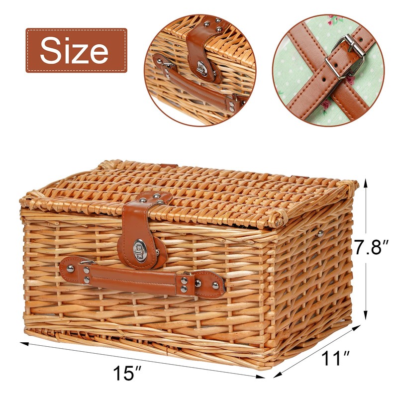 Wicker Picnic Basket for 2, Handmade Willow Hamper Basket Sets