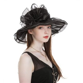 SHUERIET Women Kentucky Derby Organza Fascinator Floral Veil Mesh Sun Hat Church Hat for Bridal Wedding Cocktail Party (Bow Black)