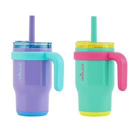 REDUCE 14 oz Coldee Tumbler with Handle for Kids - 2 Pack, Leakproof Insulated Stainless Steel Mug with Lid & Spill-Proof Straw, Keeps Drinks Cold up to 18 Hrs, Purple and Teal