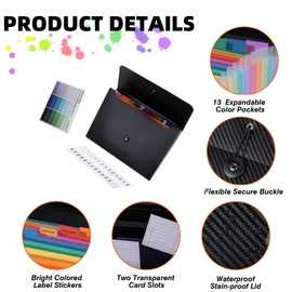 Lamitocs Expanding File Folder A4,13 Pockets File Organiser with Colored Tags, Paperwork A4 Plastic Wallet Document Storage Expander for School,Office and Home, Black(Colorful Inside)