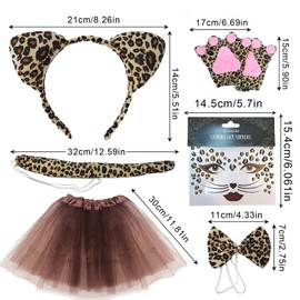 XNIVUIS Leopard Costume Set,Leopard Face Art Aticker,Leopard Hair Band,Bow Tie,Tail,Gloves,Tutu Skirt,Cat Costume For Masquerade Decoration Accessories Jungle Party Christmas (Brown)
