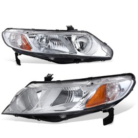 Auto Dynasty Headlights Assembly Compatible with 2006-2011 Honda Civic Sedan, Driver and Passenger Side Halogen Headlamps Replacement, HO2502127 HO2503127, Chrome Housing Amber Corner