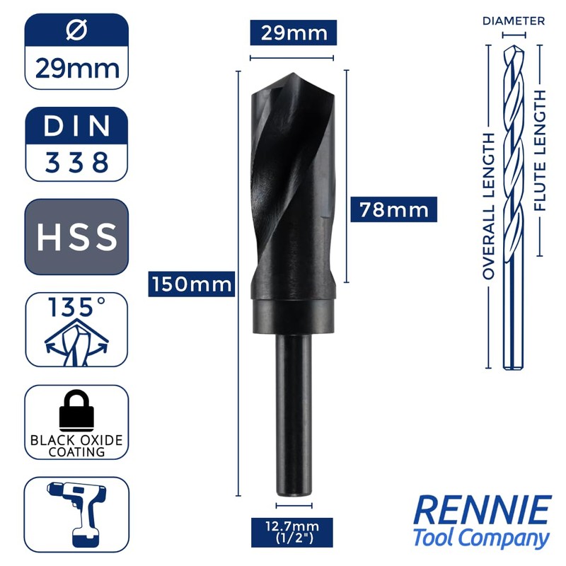 29mm HSS Blacksmith Drill Bit - Reduced Shank Drill for