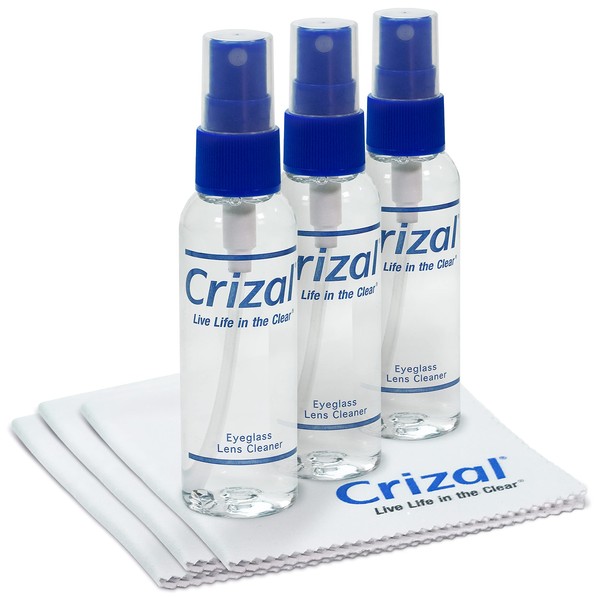 Crizal Eyeglass Lens Cleaner Spray Kit | Crizal Glasses Cleaner Bottle + Crizal 7"x5 3/4" Microfiber Cloth | #1 Doctor Recommended for Anti Reflective Lenses and Coating | Top Glasses Cleaning Kit-3pk