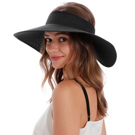 Sun Visors for Women Black Sun Hat Womens Straw Hat Visor Women Sun Hat Visor Beach Hat for Women Foldable Straw Hats for Women Packable Visor Hats for Women, Black Visor