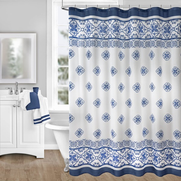 Newbridge Mykonos Blue Mediterranean Tile Print Bordered Fabric Shower Curtain,
