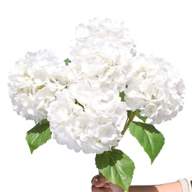 dallisten 5PCS 20'' White Artificial Hydrangea Flowers Latex Faux Hydrangeas Real Touch Silk Hydrangea with Stems for Home Decor Weddings Table Floral Arrangements Centerpieces Party Decorations