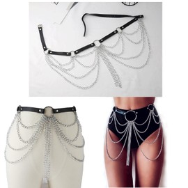 Punk Waist Chain Belt,Black Waist Chain,Punk Rave Belt Women,Punk Leather Body Accessories,Waist Belt Layered Belly Belt,Punk Leather Waist Chain Body Chains,Adjustable Body Chain for Women and Girls