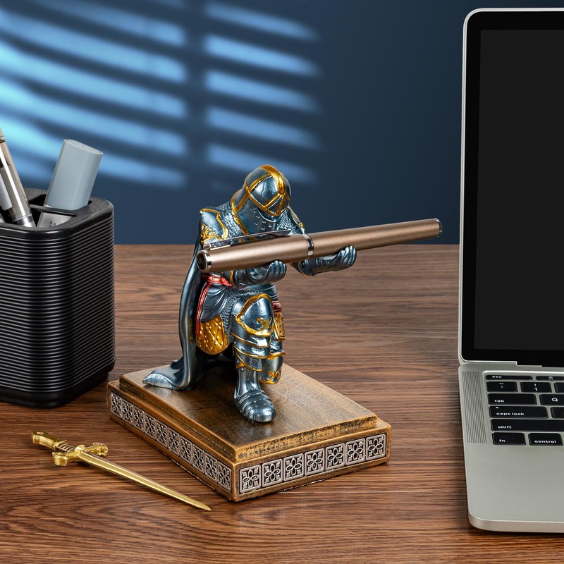 Akulgaci Medieval Knight Pen Holder with Sword, Kneeling King's Guard