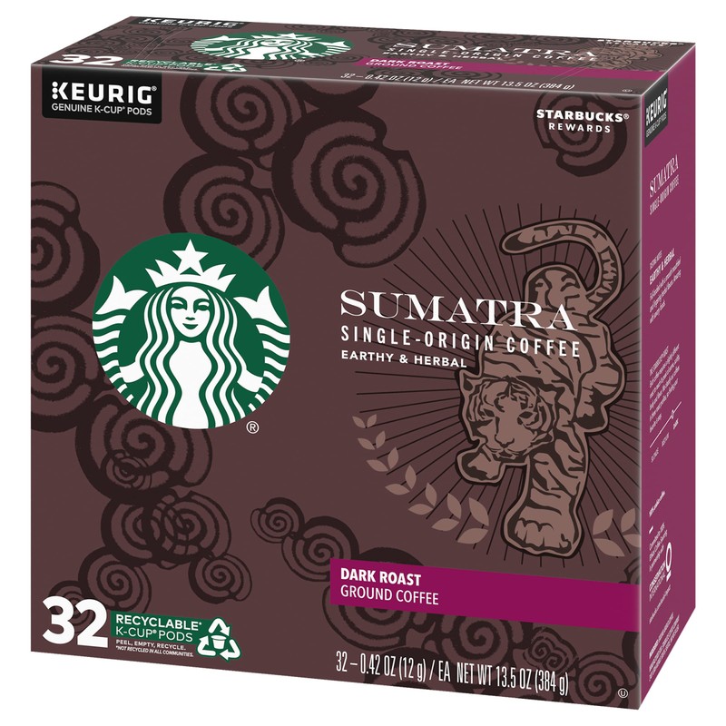 Starbucks Coffee K-Cup Pods, Sumatra Single-Origin Coffee, Dark Roast Ground