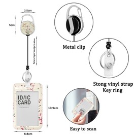 WOOXDYUK Pack of 2 ID Card Holders and Retractable Reel, Small Fresh Flower Style, with Durable Retractable Roll, for Teachers, Students and Office Workers (Pink&White)