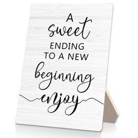 RUNMESS A Sweet Ending to a New Beginning Sign 5x7inch, Wedding Wooden Stand, Baby Shower Retirement Graduation Party Decorations, Decor, Gifts