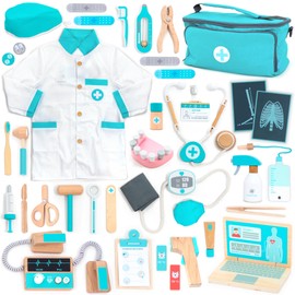 UMU® Deluxe Wooden Doctor Play Set – 37 Pcs Pretend Medical Kit with Stethoscope Dentist Tools Laptop & Accessories – Doctor Role Play Toy for Kids Ages 3 4 5 6