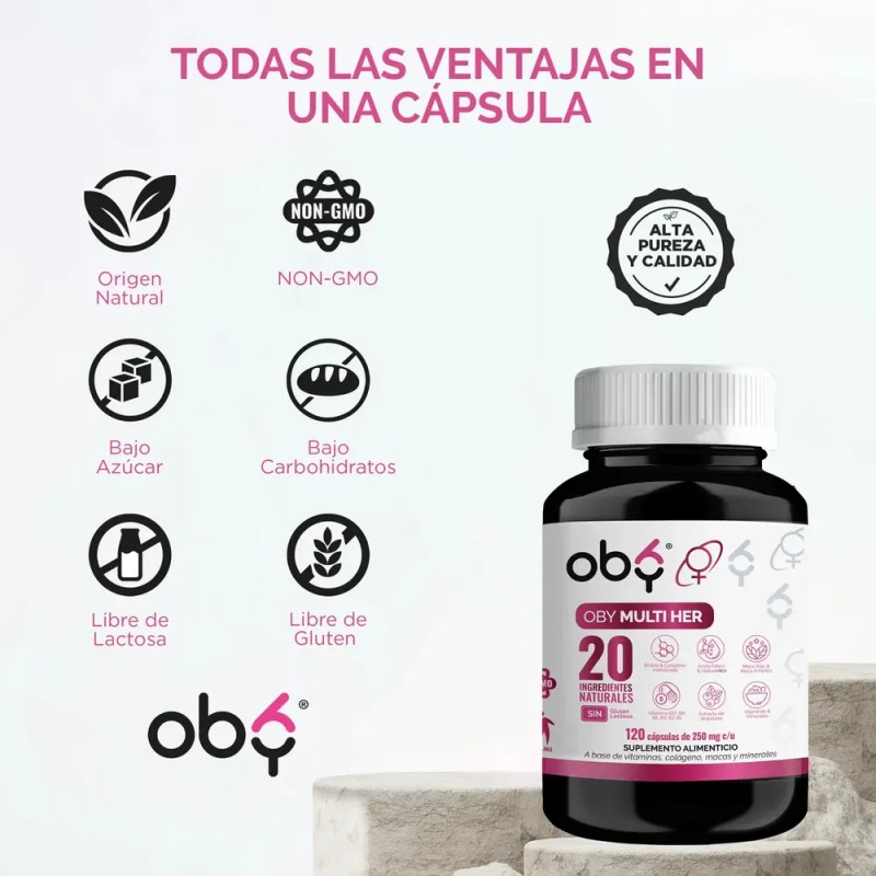 Oby - Multivitaminico Mujer 120 Capsulas + 20 Ingredientes: Colageno,