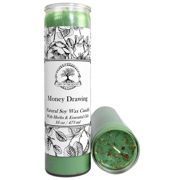 Money Drawing Scented 7 Day Soy Herbal Spell Candle (Fixed) | Handmade with Herbs & Essential Oils | Wealth, Abundance, Prosperity Rituals | Wiccan, Pagan, Hoodoo, Magick Rituals & Spells