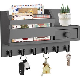 Key Holder Wall Mount, Wooden Key Mail Holder with Drawer Key Organizer Mail Sorter with 6 Key Hooks Key Rack with Shelf for Entryway Doorway Hallway - Grey - Color: Black