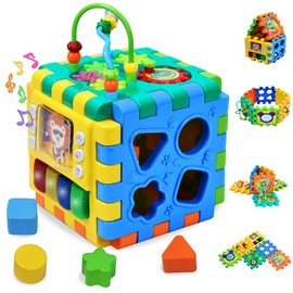 Activity Cube Baby Toy - 6 in 1 Educational Discover Center with Shape Sorter Bead Maze Animal Time Learning Clock Busy Learner Center for baby Toddlers