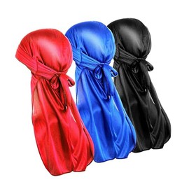Samidy 5 Pieces Breathable Bandana Hat Silky Durag do doo du rag long tail headwrap Pirate Cap