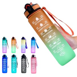 Water Bottle with Straw – Leakproof & BPA-Free | Time Marker for Daily Motivation | Ideal for Gym, Office, Cycling, School, Outdoor Fitness 1Liter (32oz) (Orange-Green)