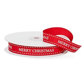 Red Merry Christmas Ribbon with White Stitching - 5/8in. Wide x 25 Yards