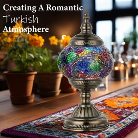 Marrakech Moroccan Mosaic Lamp Turkish Table Lamp, Handmade Small Turkish Light with Glass Shard and Bronze Base Including LED Bulb for Living Room Bedroom Decor (Colorful)