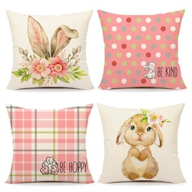 4TH Emotion Easter Throw Pillow Covers 18 x 18 Inch Set of 4, Be Hoppy Bunny Be Kind Rabbit Spring Farmhouse Holiday Pink Cushion Case for Home Sofa Couch Decoration TH188